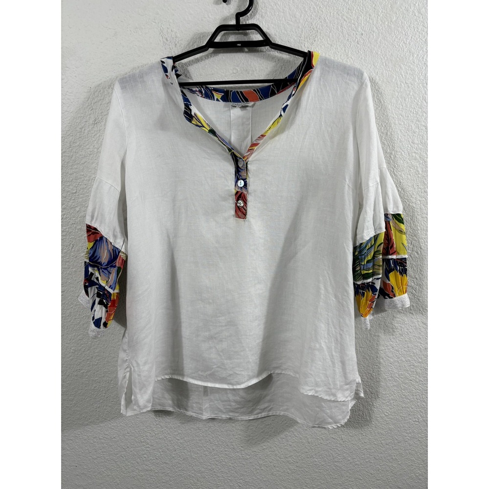 John Mark Shirt Womens 2X White Linen Henley 3/4 Sleeve Tropical Print Trim‎